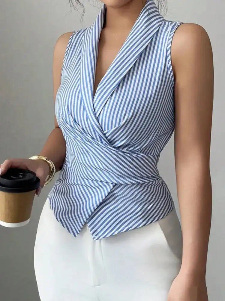 Striped V-Neck Sleeveless Blouse