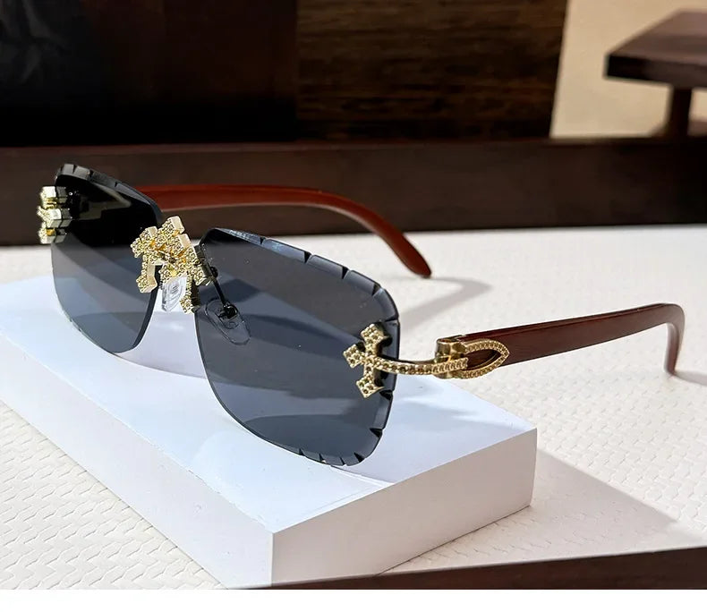 Vintage Rimless Square Cutting Lens Women Men Luxury Brand Designer Sunglasses Popular Punk Diamond Cross Sun Glasses UV400