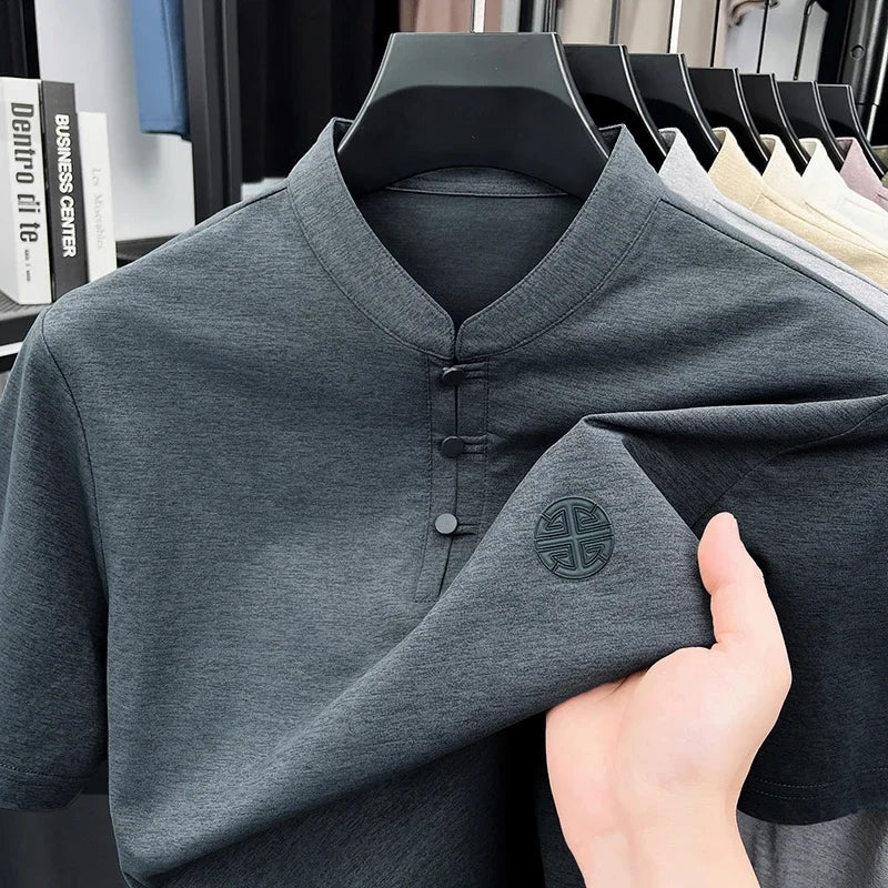 Mens Big And Tall Stand Collar Henley Shirt Short Sleeve Loose Fit
