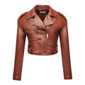 Women slim short PU leather jacket plus cotton high waist long sleeve lapel