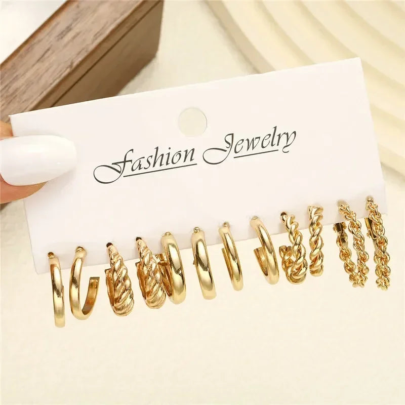 LETAPI Vintage Gold Color Circle Earrings for Women Girls Geometric Twist Dangle Earring Set New Fashion Jewelry Party Gifts