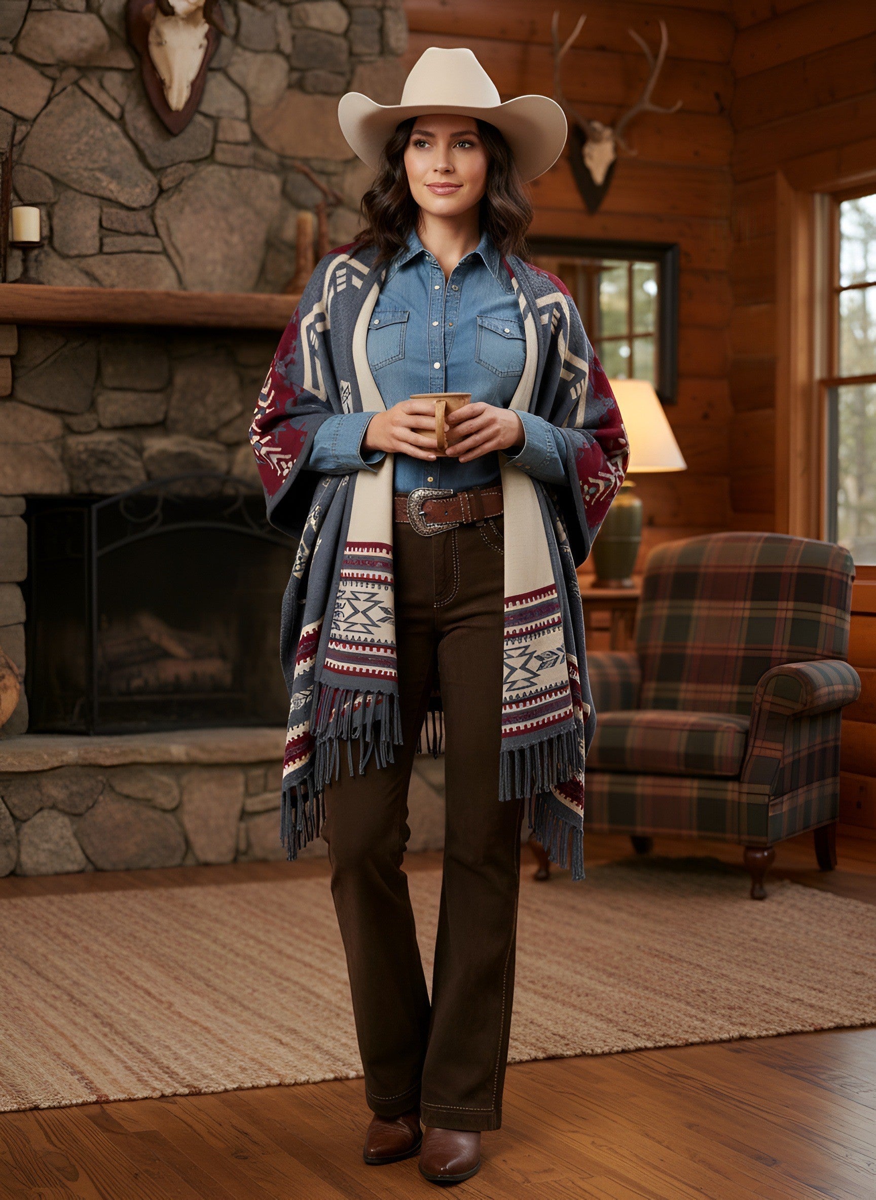 Southwest Reversible Shawl Wrap -Blue Jean