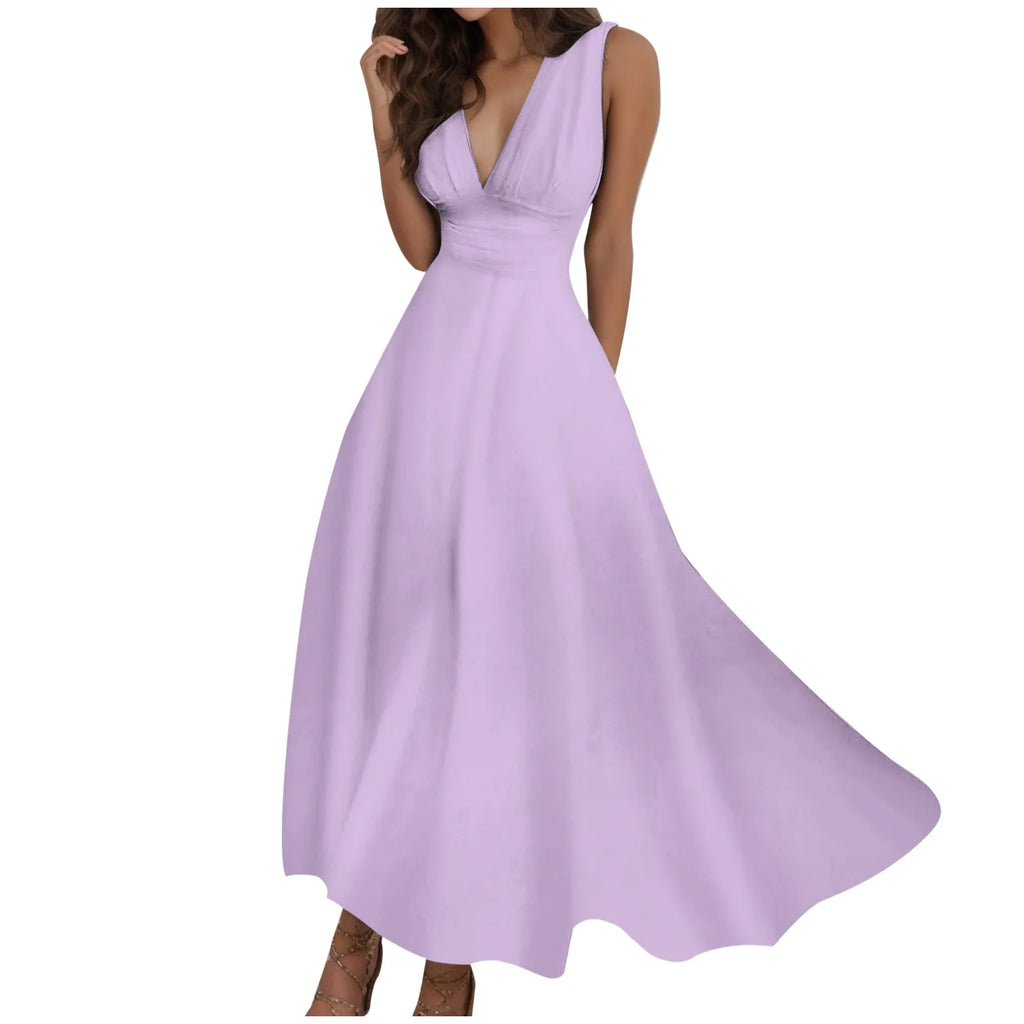 V-Neck Sundress - Sleeveless Long Dress with Side Zipper