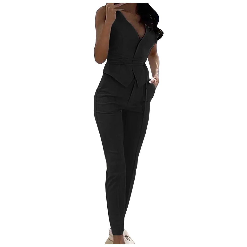 2-Piece Pantsuit Set - V-Neck Top and Trousers