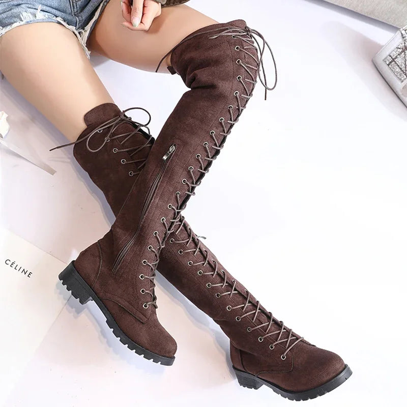 Sexy Lace Up Over The Knee Boots Women 2024 Autumn Winter Flat Heels