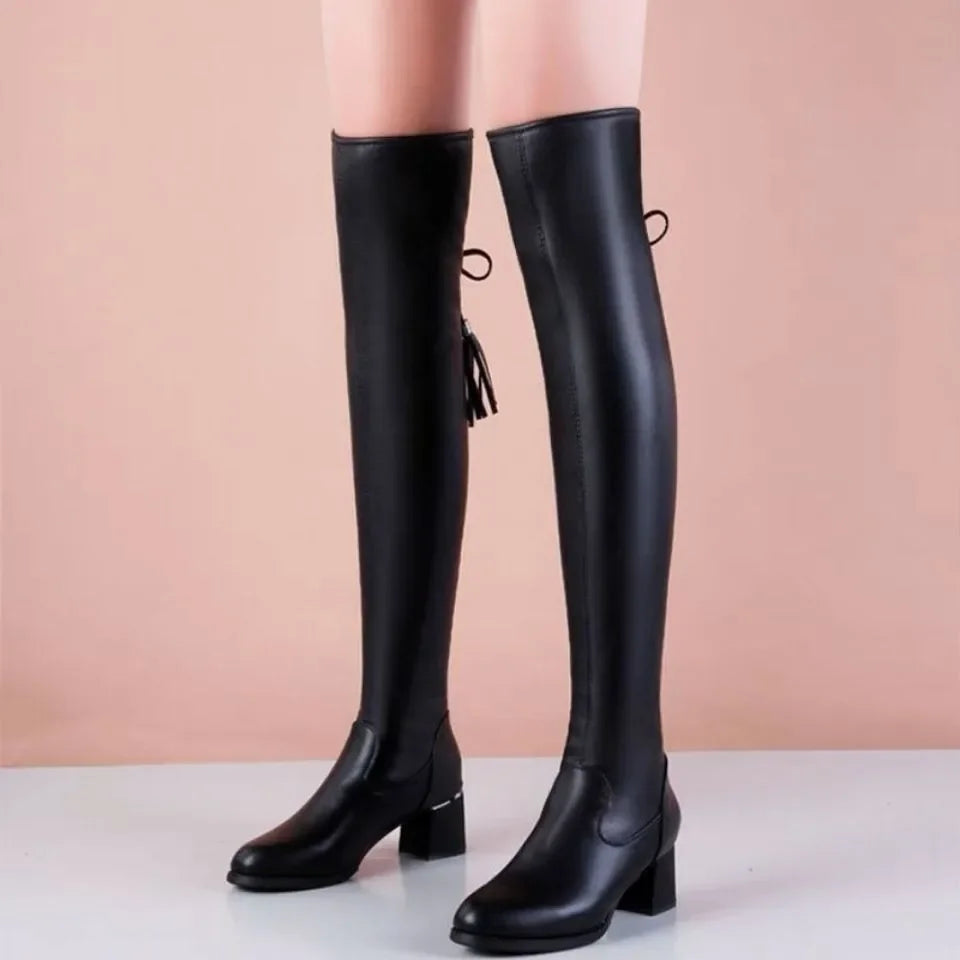 Women Leather Elastic Boots Plush Long Thick Heels Over The Knee Boots