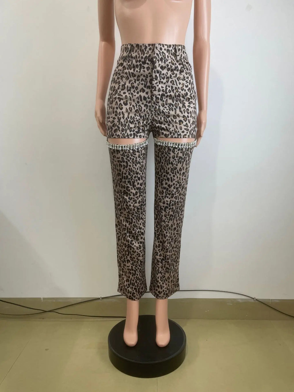 Cutout Crystal Leopard Print High Waist Jeans