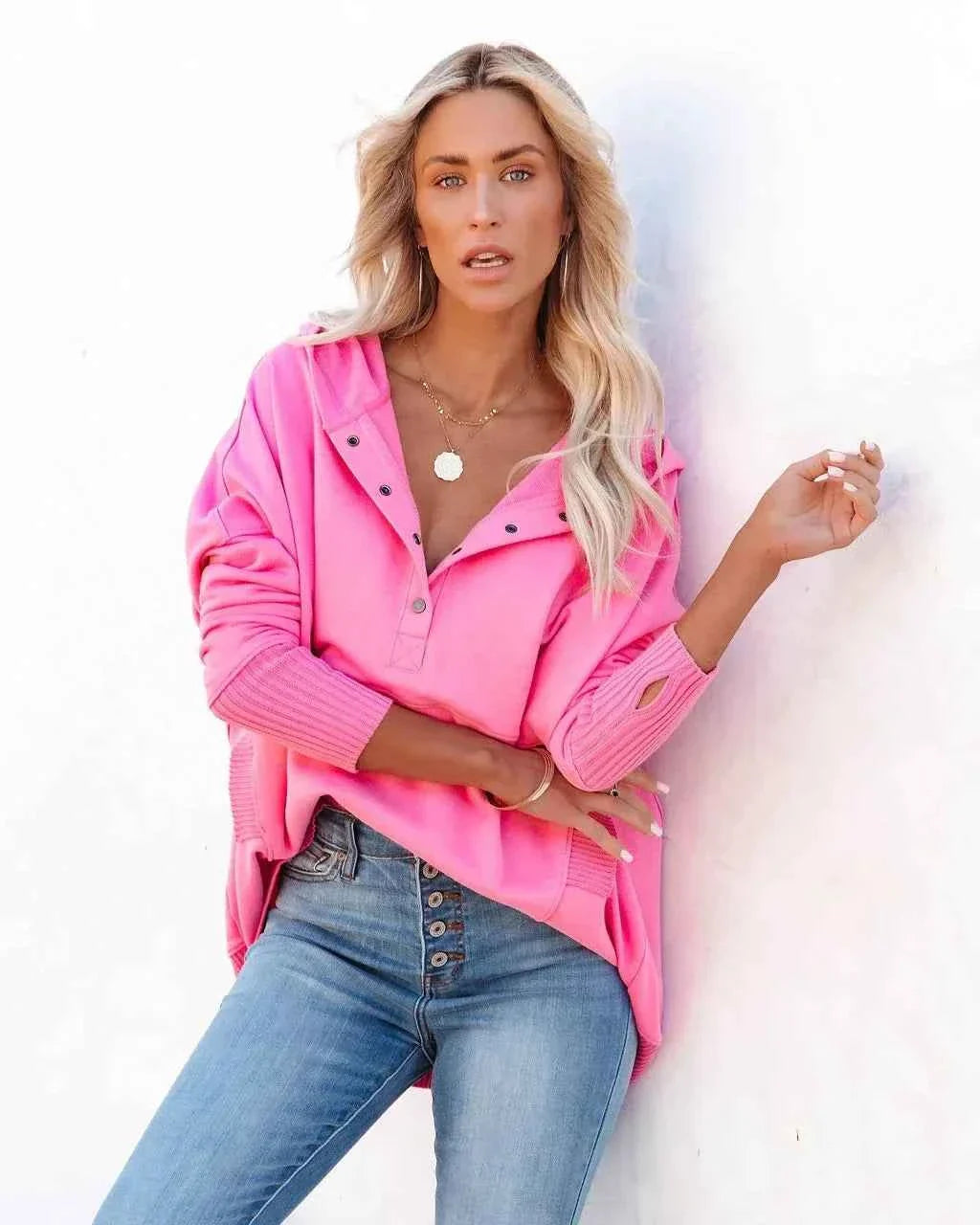 White Hooded Women's Sweatshirt - Casual Batwing Sleeve Pullover