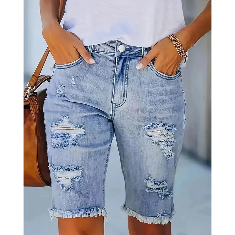 Ripped High-Waist Denim Shorts