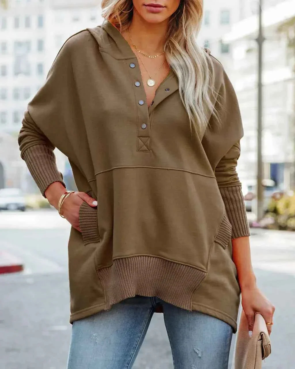 White Hooded Women's Sweatshirt - Casual Batwing Sleeve Pullover
