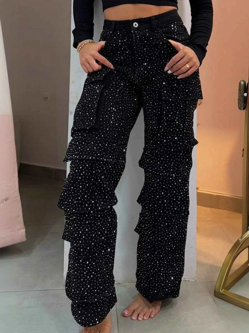 High Waist Rhinestone Jeans - Black Straight Leg