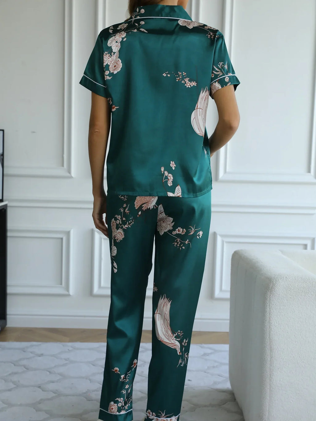 Green Floral Satin Pajamas - Smooth & Comfortable Short Sleeve Women's Loungewear