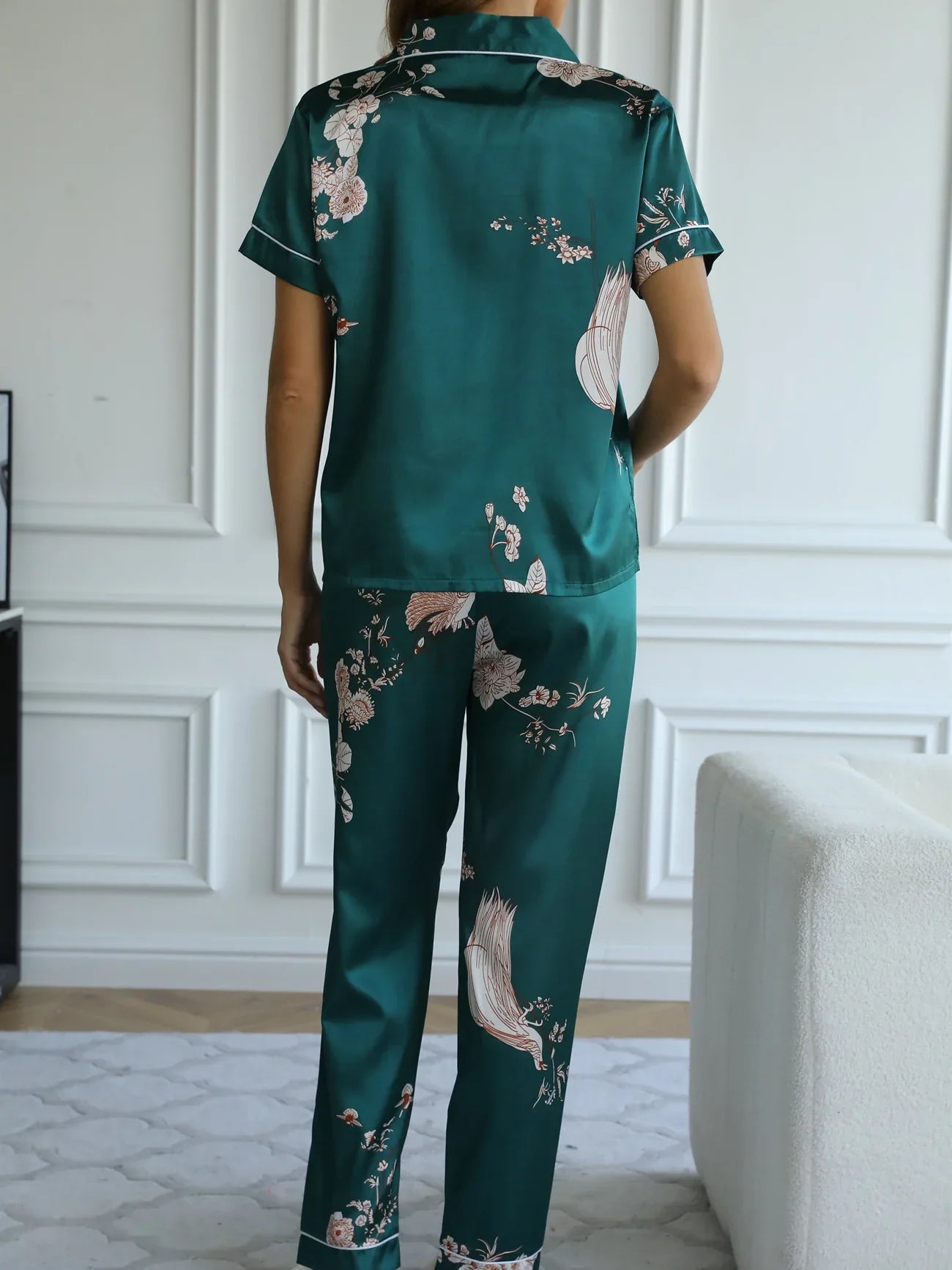 Green Floral Satin Pajamas - Smooth & Comfortable Short Sleeve Women's Loungewear