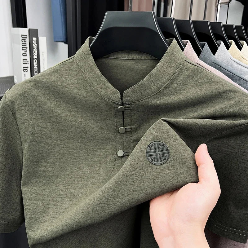 Mens Big And Tall Stand Collar Henley Shirt Short Sleeve Loose Fit