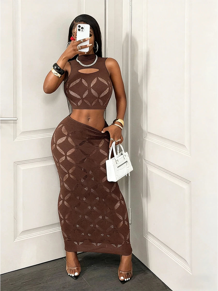 FHSEER Plus Size 2PCS Women's Sexy Set See Through Mesh Hollow Out