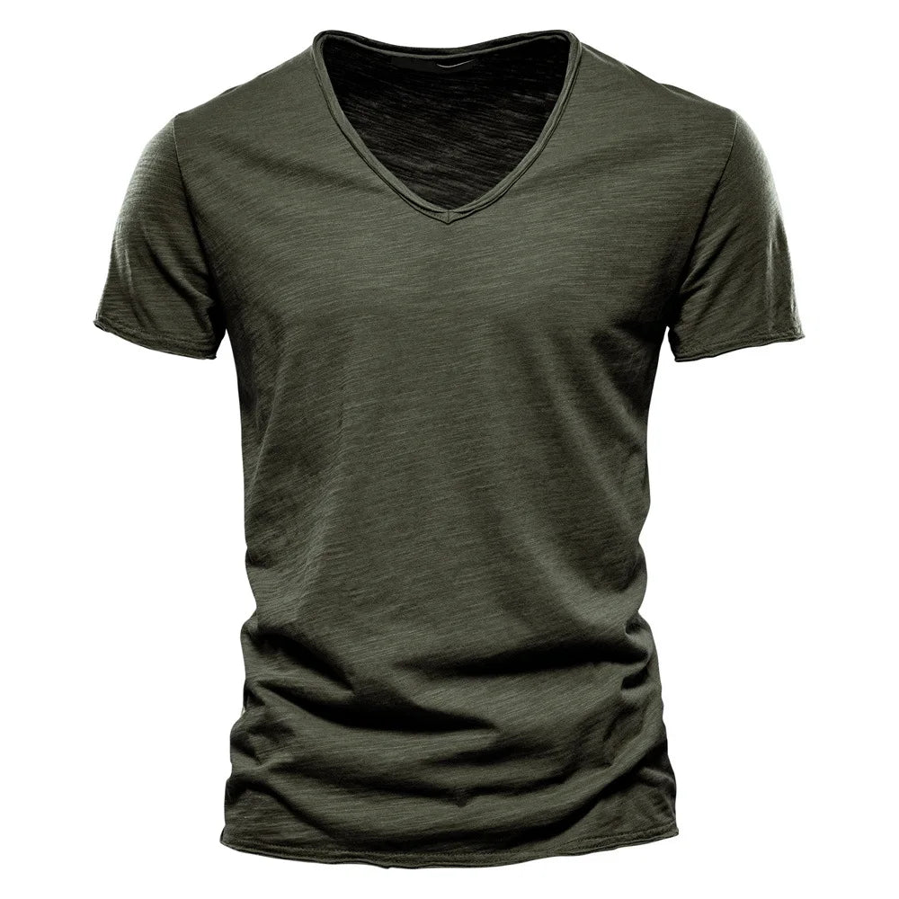 S-5XL 100% Cotton Men's T-Shirts Fashion Design V-neck Casual Slim Fit
