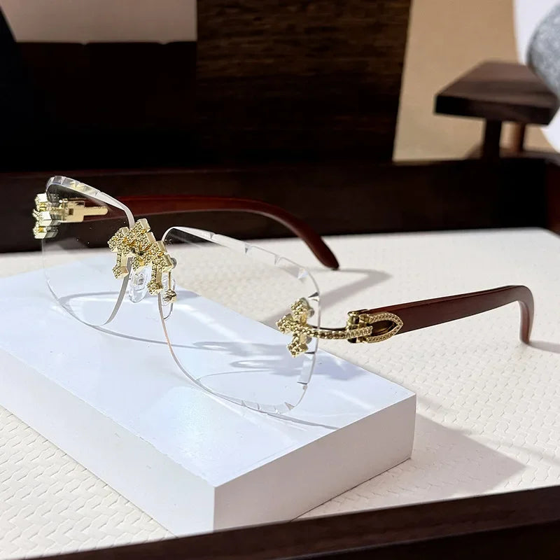 Vintage Rimless Square Cutting Lens Women Men Luxury Brand Designer Sunglasses Popular Punk Diamond Cross Sun Glasses UV400