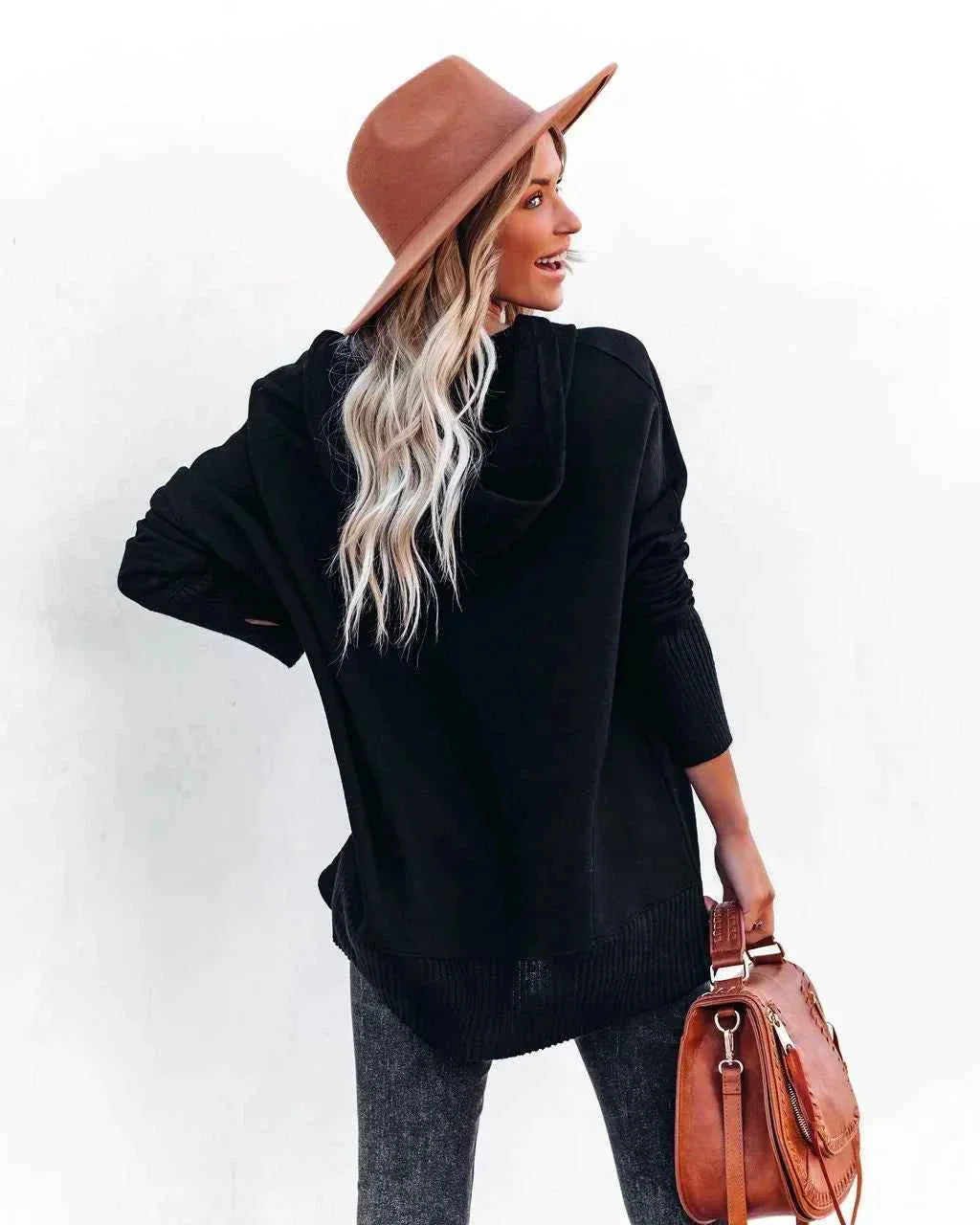 White Hooded Women's Sweatshirt - Casual Batwing Sleeve Pullover