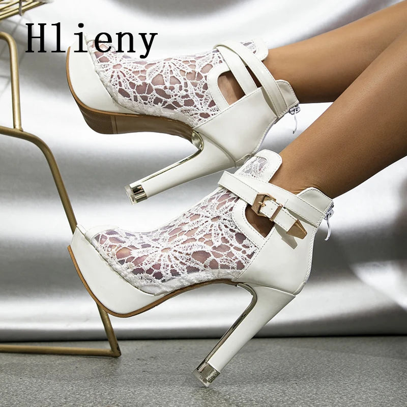 Hlieny Autumn Sexy Mesh Fabric Platform High Heels Boots Sandals Women