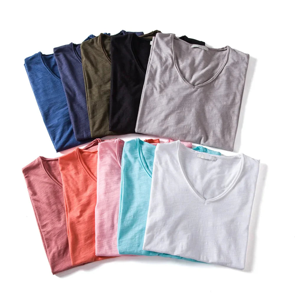 S-5XL 100% Cotton Men's T-Shirts Fashion Design V-neck Casual Slim Fit
