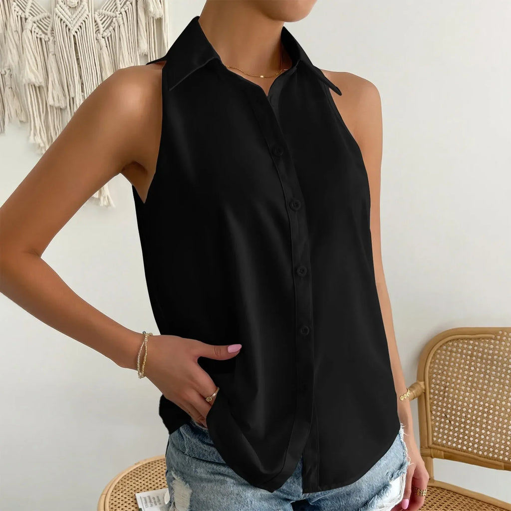 Sleeveless V-Neck Blouse - Button-Down Chiffon Tank Top