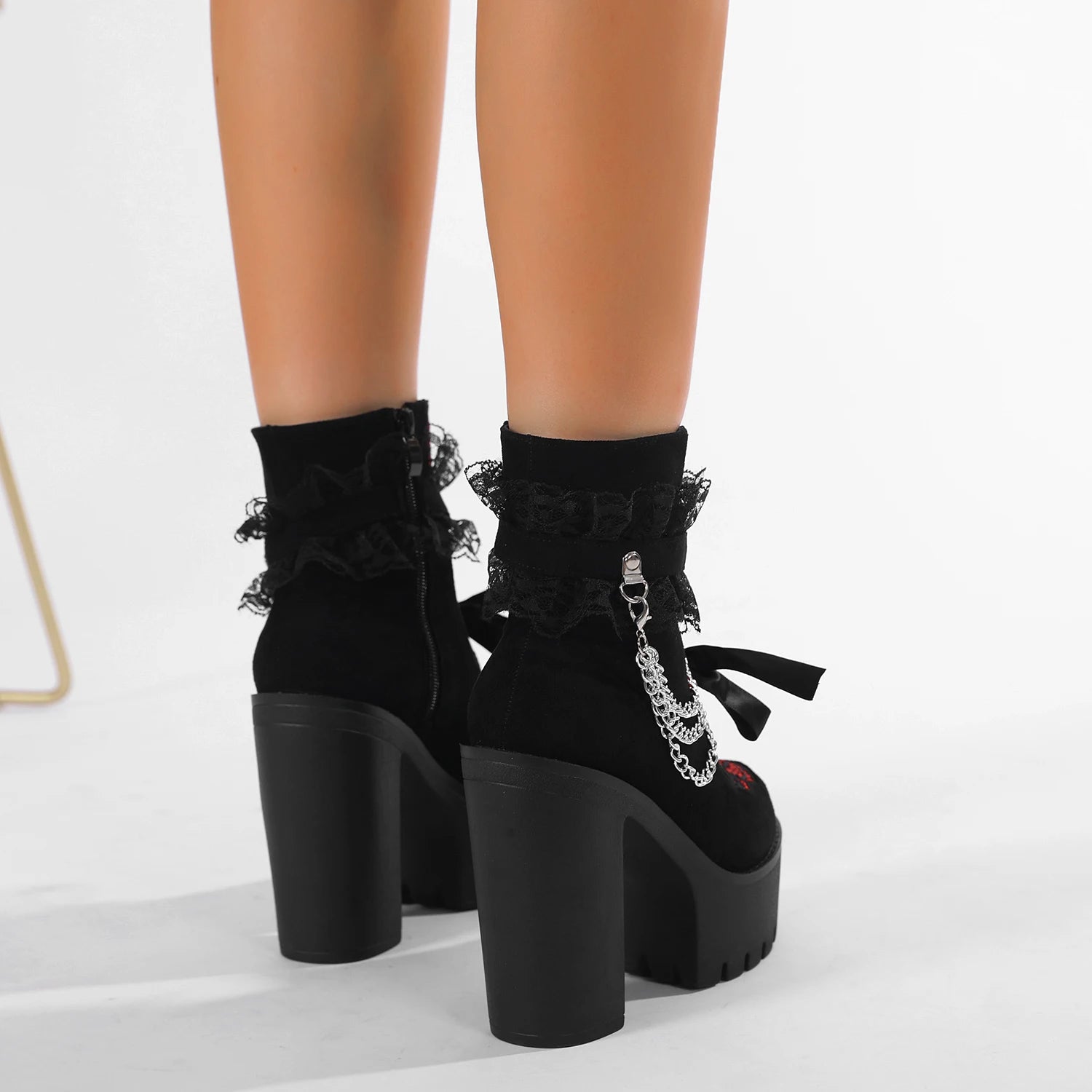 Gdgydh Vintage Gothic Lace Ankle Boots for Women Chunky Heel Side