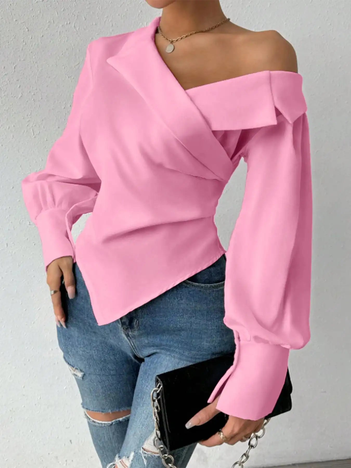 Pink Off Shoulder Cross Front Women's Blouse