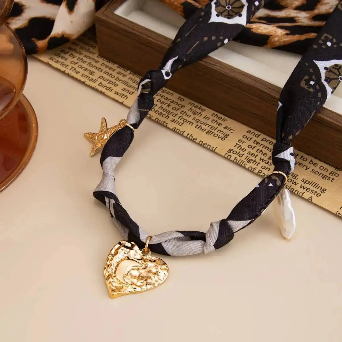 Leopard Print Choker Necklace - Heart Pendant