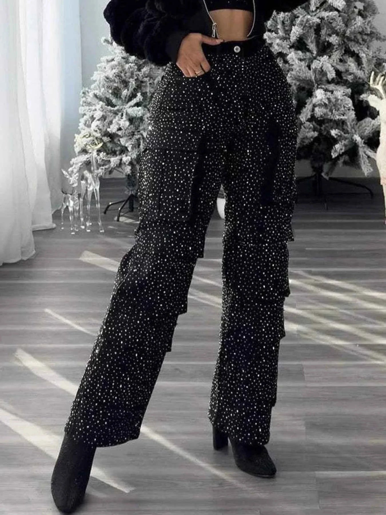High Waist Rhinestone Jeans - Black Straight Leg