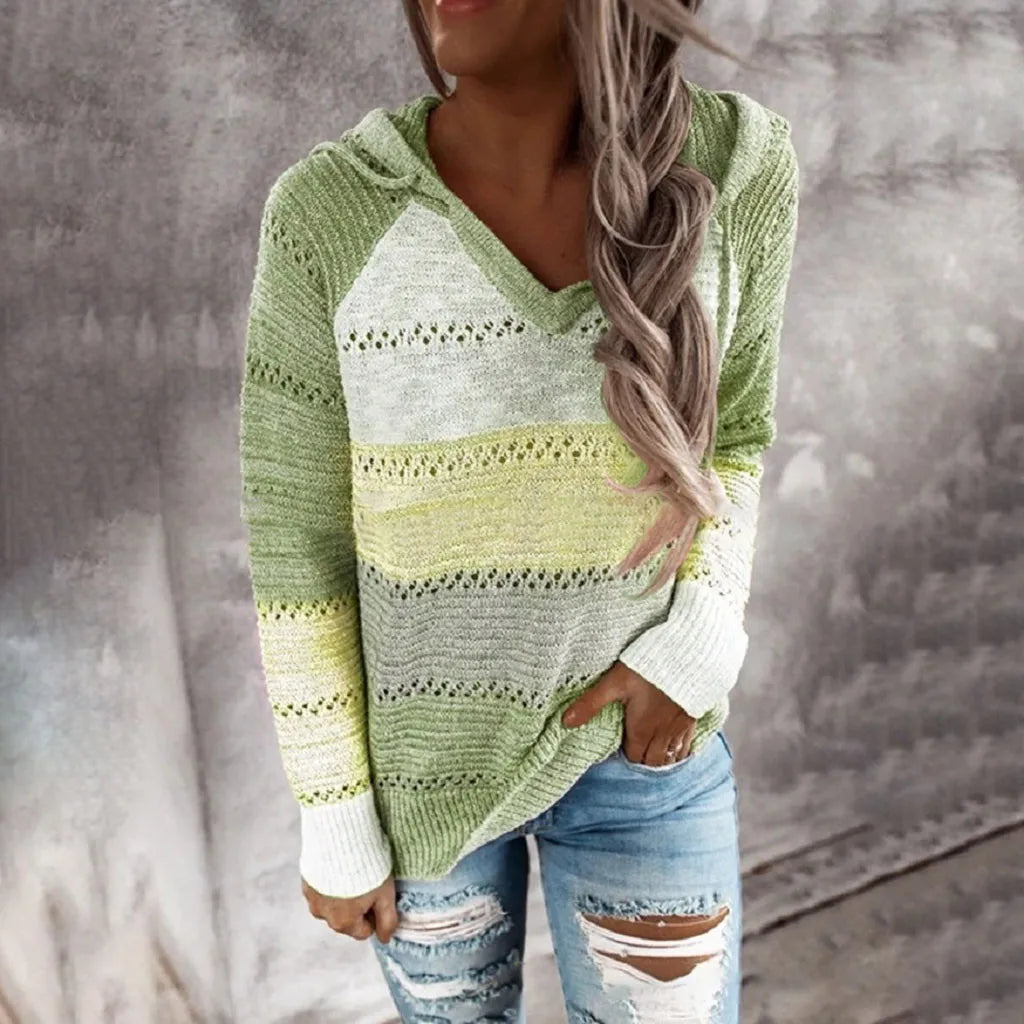 Plus Size Patchwork Hooded Sweater - Knit Pullover