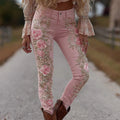 Women's European American Style Floral Print Jeans Straight Leg Casual Denim Pants