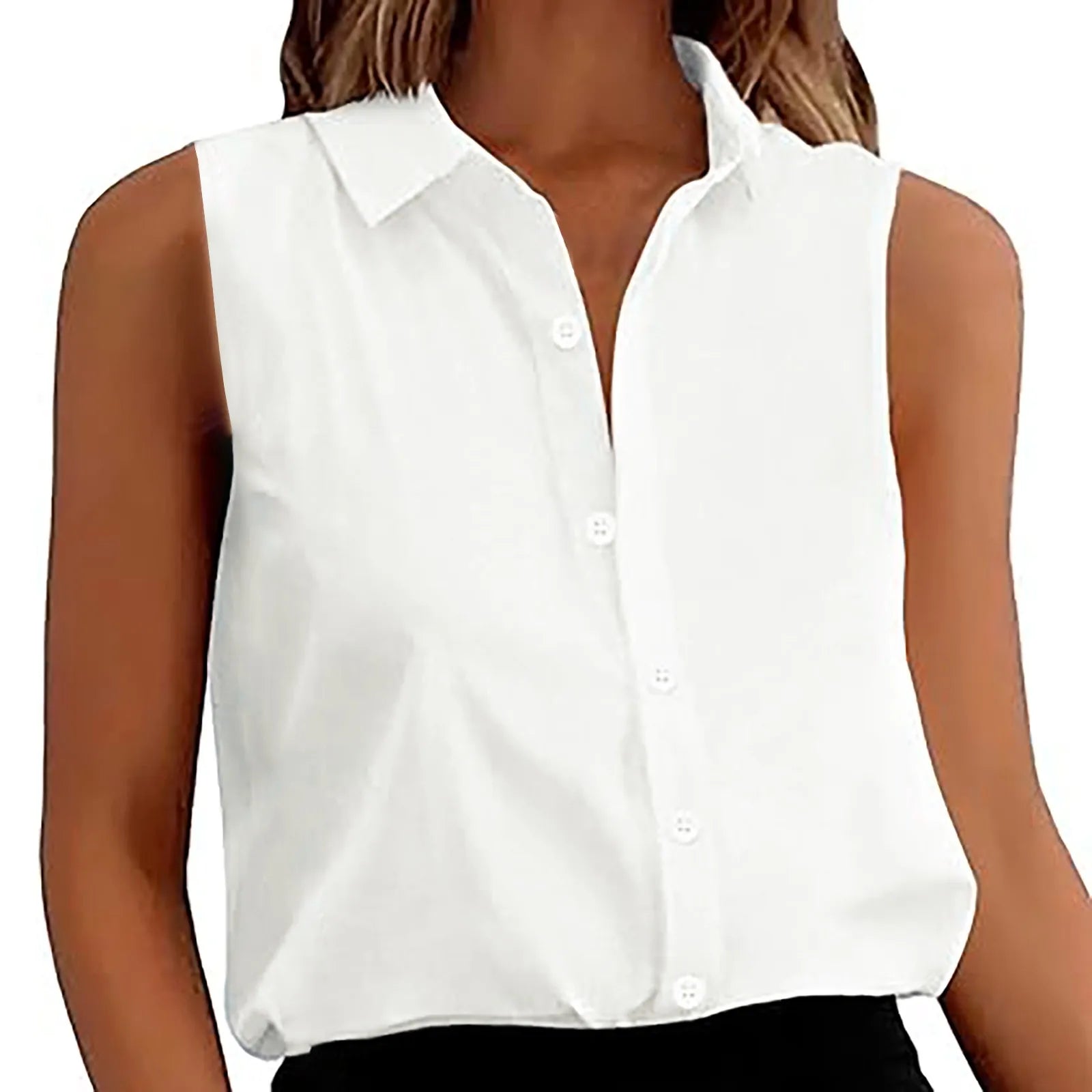 Sleeveless V-Neck Blouse - Button-Down Chiffon Tank Top