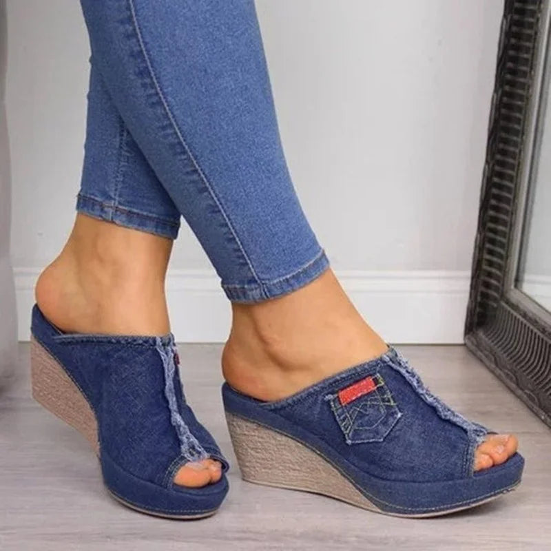 Women Shoes Summer New Cowboy Slippers Fashion Retro Wedge Platform