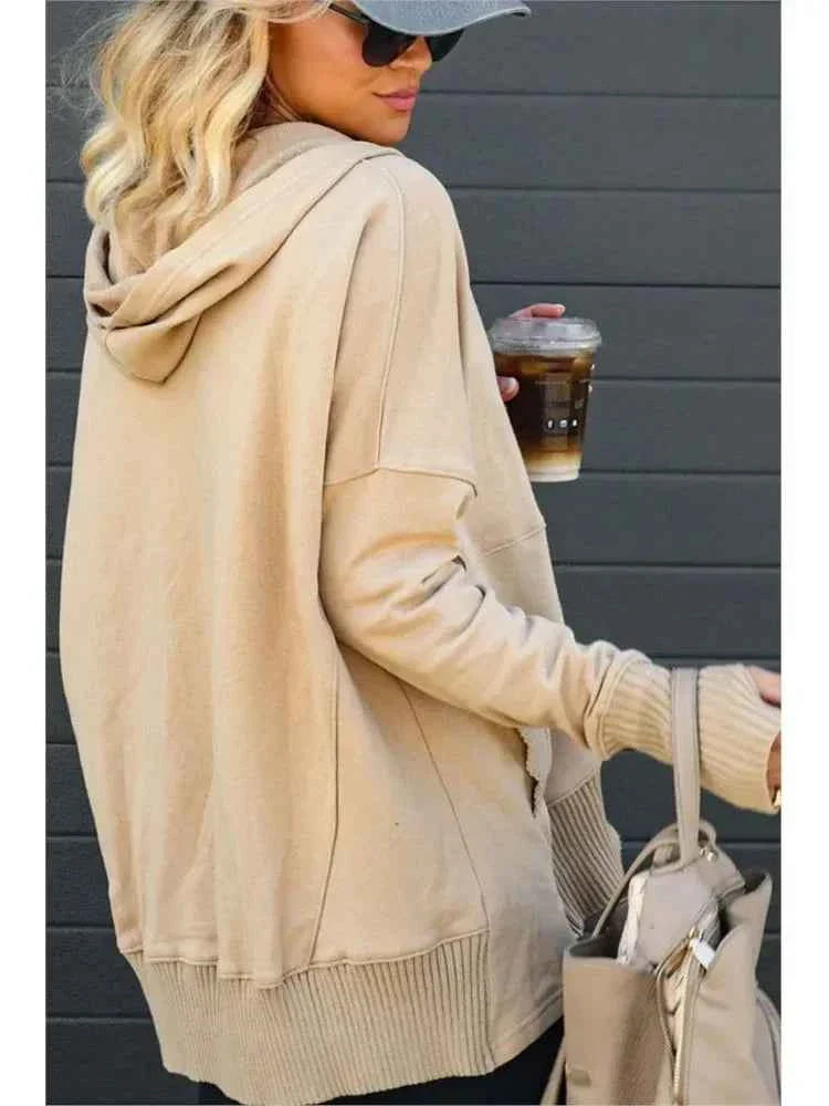 White Hooded Women's Sweatshirt - Casual Batwing Sleeve Pullover
