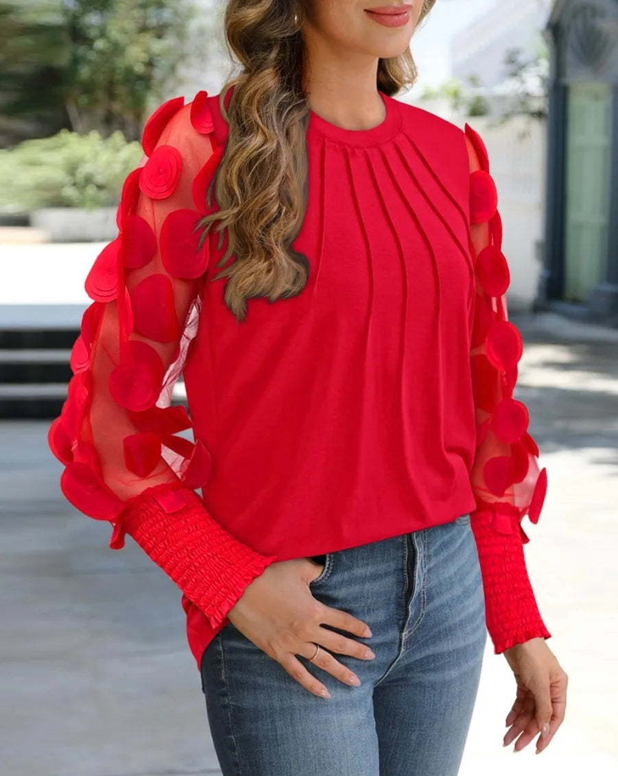 Women Fashion Mesh long Sleeve Round Neck Loose Blouse