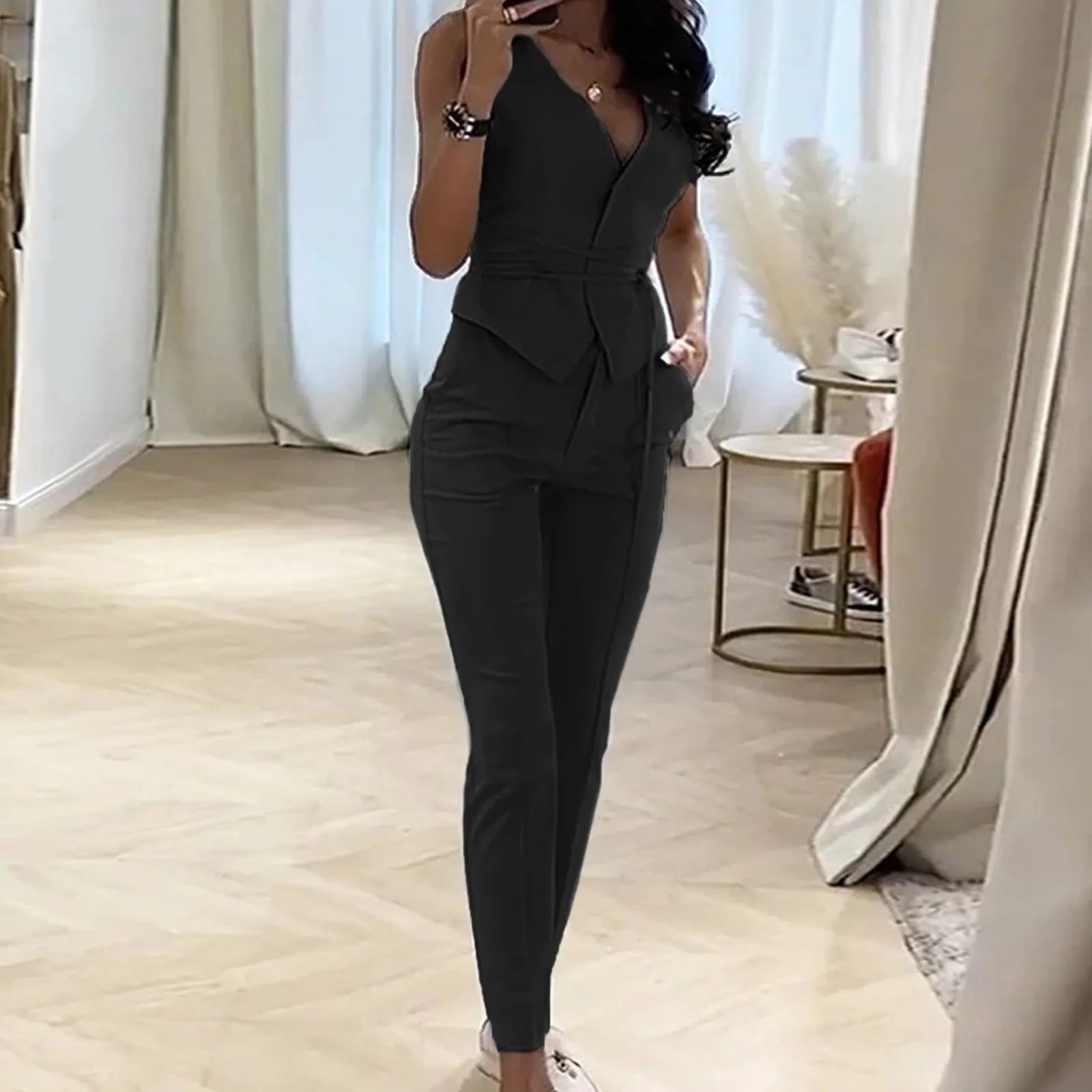 2-Piece Pantsuit Set - V-Neck Top and Trousers