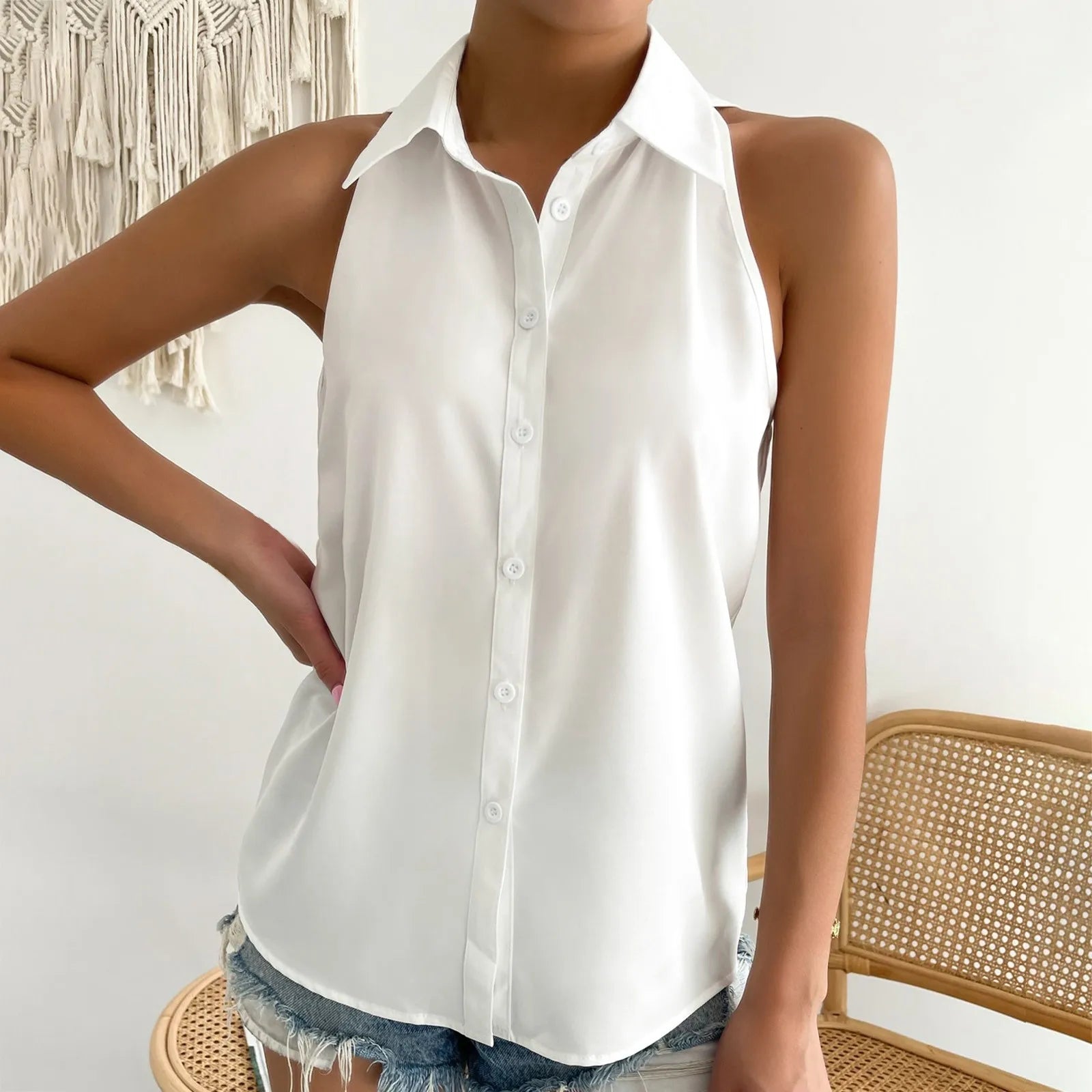 Sleeveless V-Neck Blouse - Button-Down Chiffon Tank Top