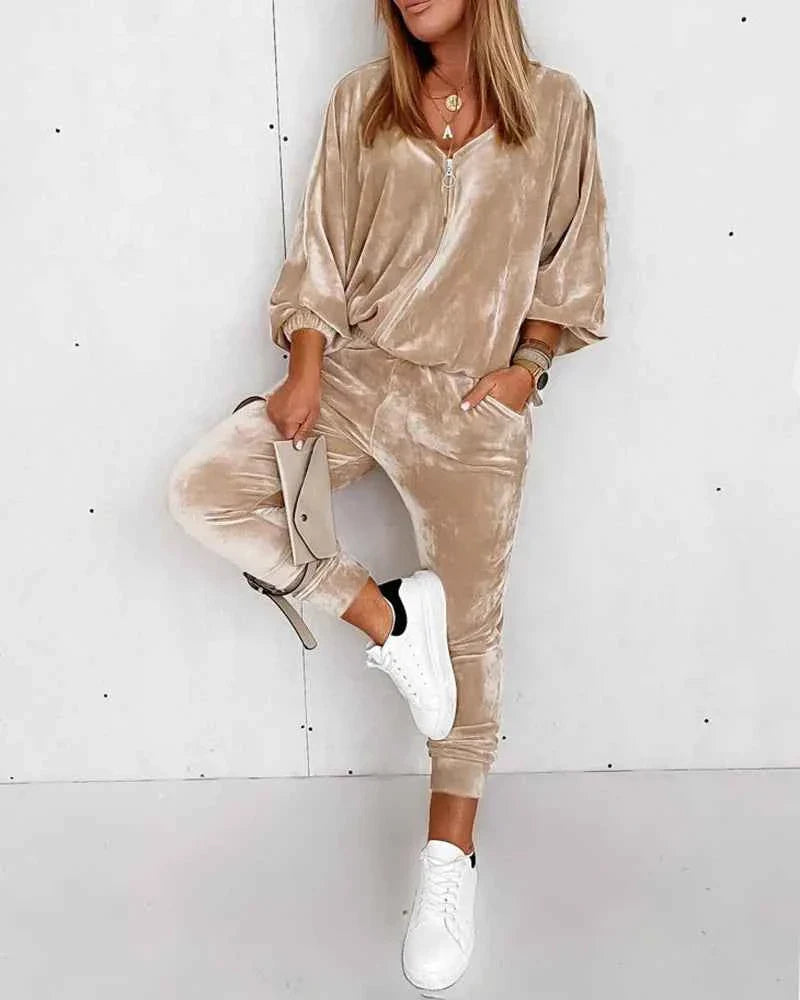 Golden Velvet Jogger Set - Long-sleeved Zipper Casual 2 Piece Loungewear