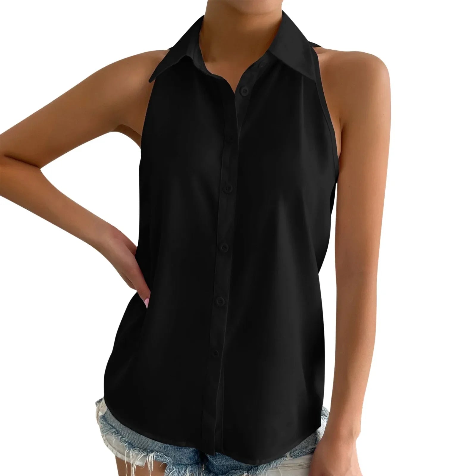 Sleeveless V-Neck Blouse - Button-Down Chiffon Tank Top