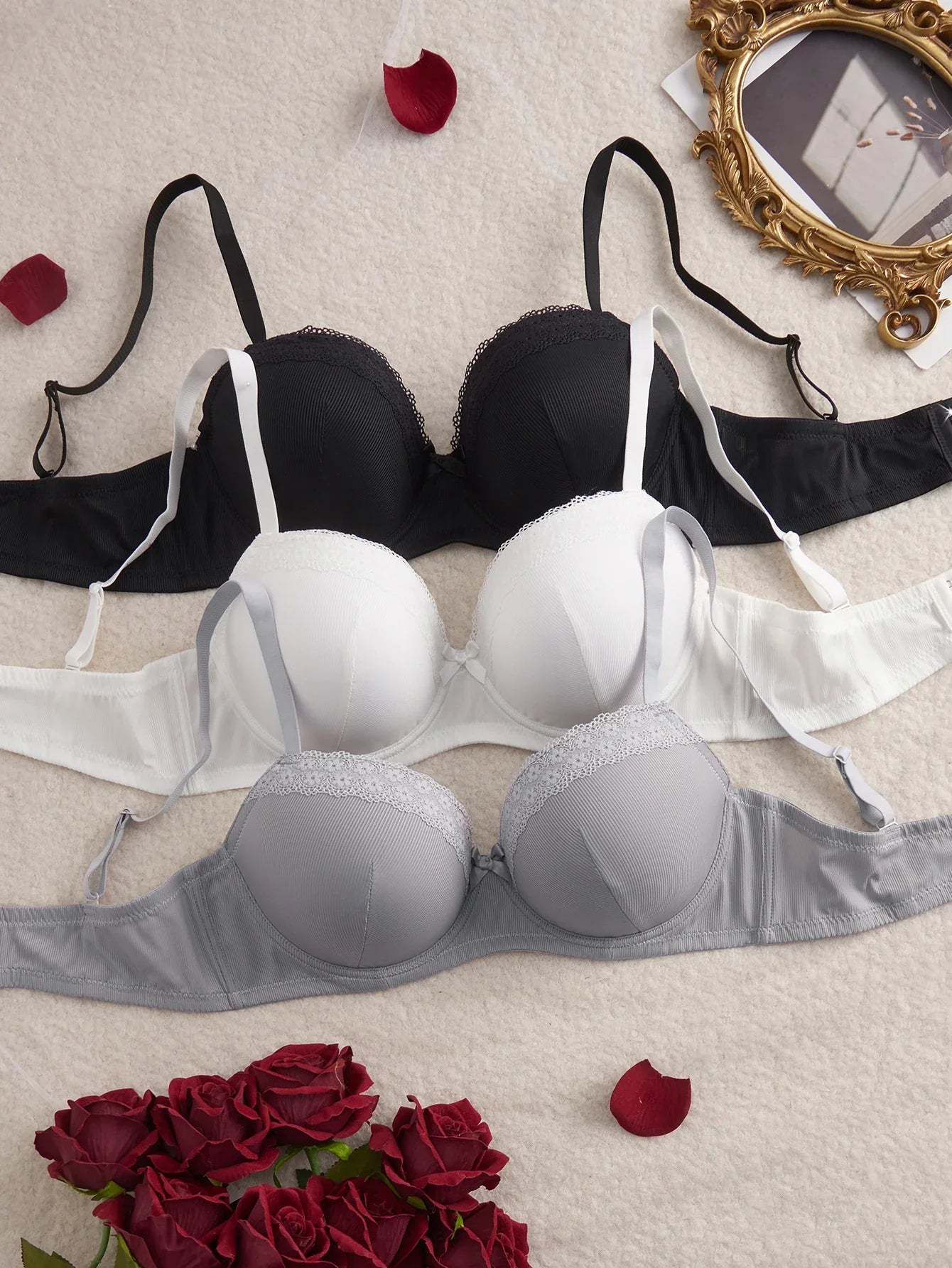 3PCS Plus Size Women's Underwear Set Lace Trim Ribbed Push up Bra Wide Shoulder Straps Underwire Thin Cup Comfy Lingerie Bra