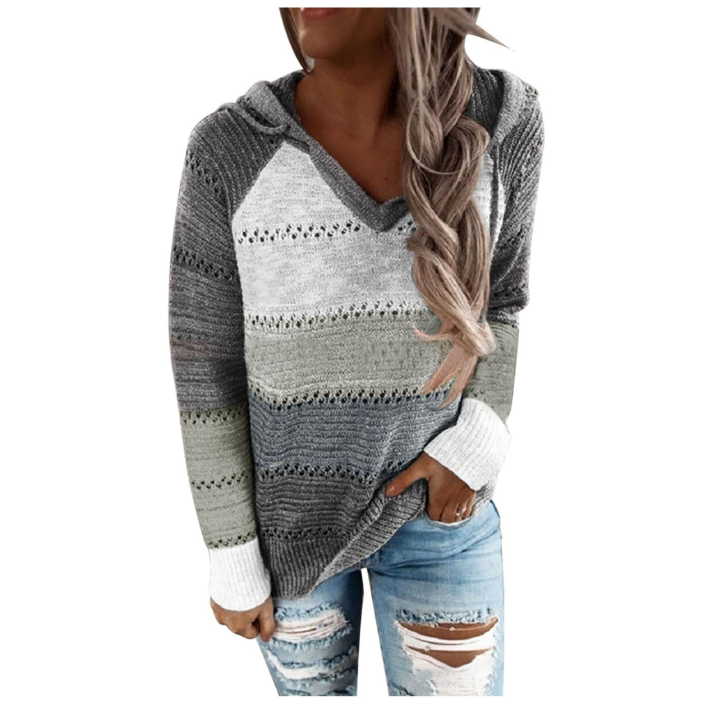 Plus Size Patchwork Hooded Sweater - Knit Pullover