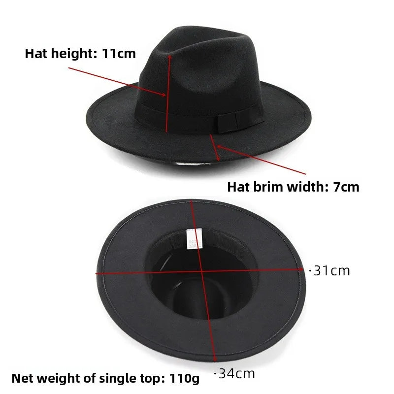 Men Women Vintage Fedora Hat British Style Wool Blend Wide Brim Sun