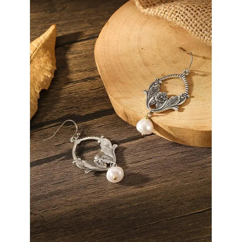 Bohemian Pearl Drop Earrings - Silver Plant Pattern