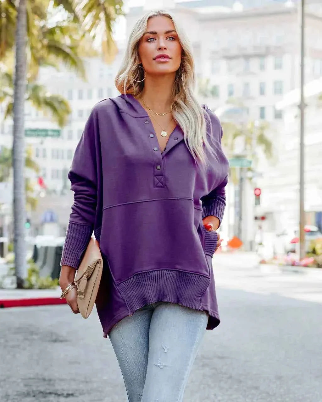 White Hooded Women's Sweatshirt - Casual Batwing Sleeve Pullover