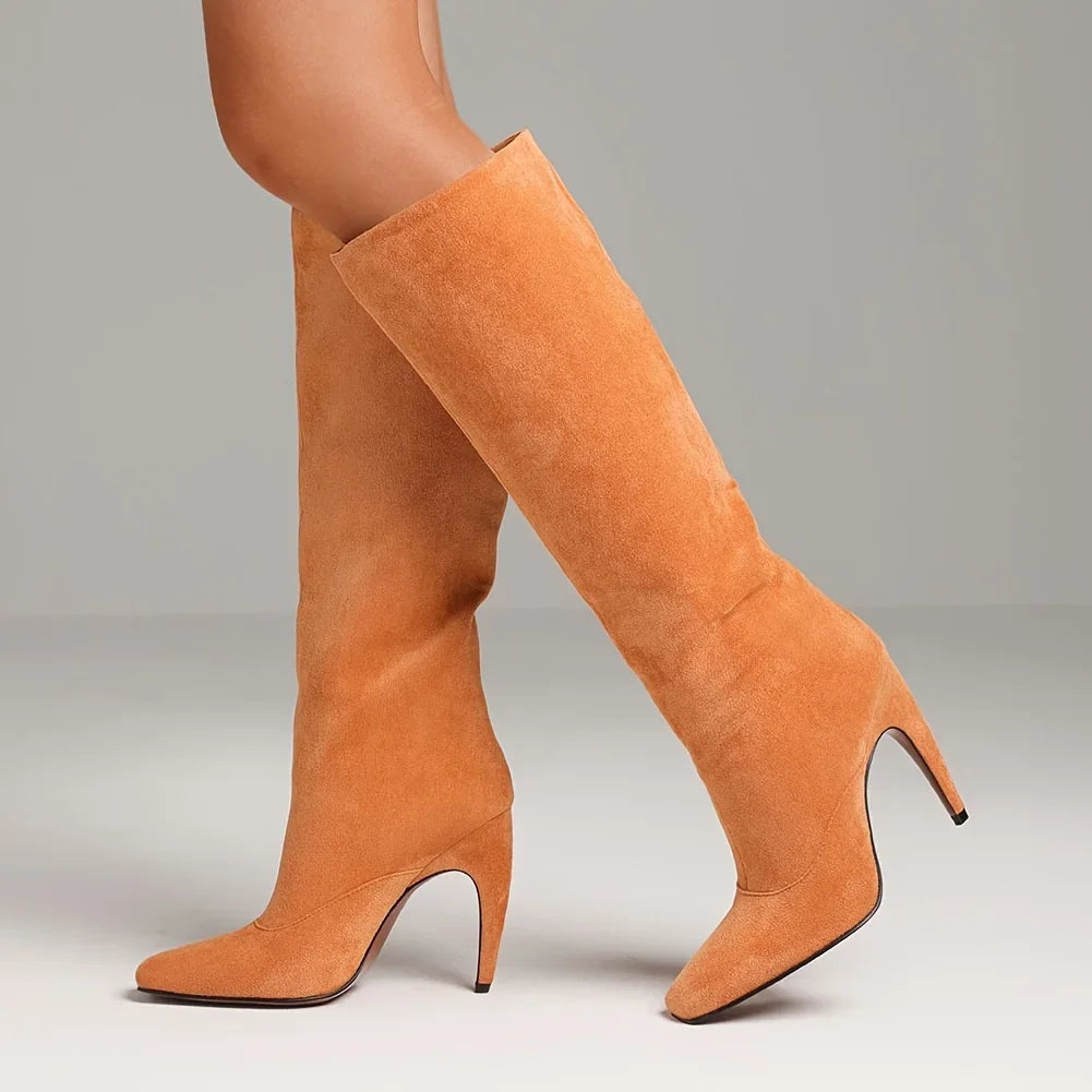 Women's Stiletto High Heeled Suede PU Knee High Boots Square Toe Pull On Thin Heel Wide Calf Boots