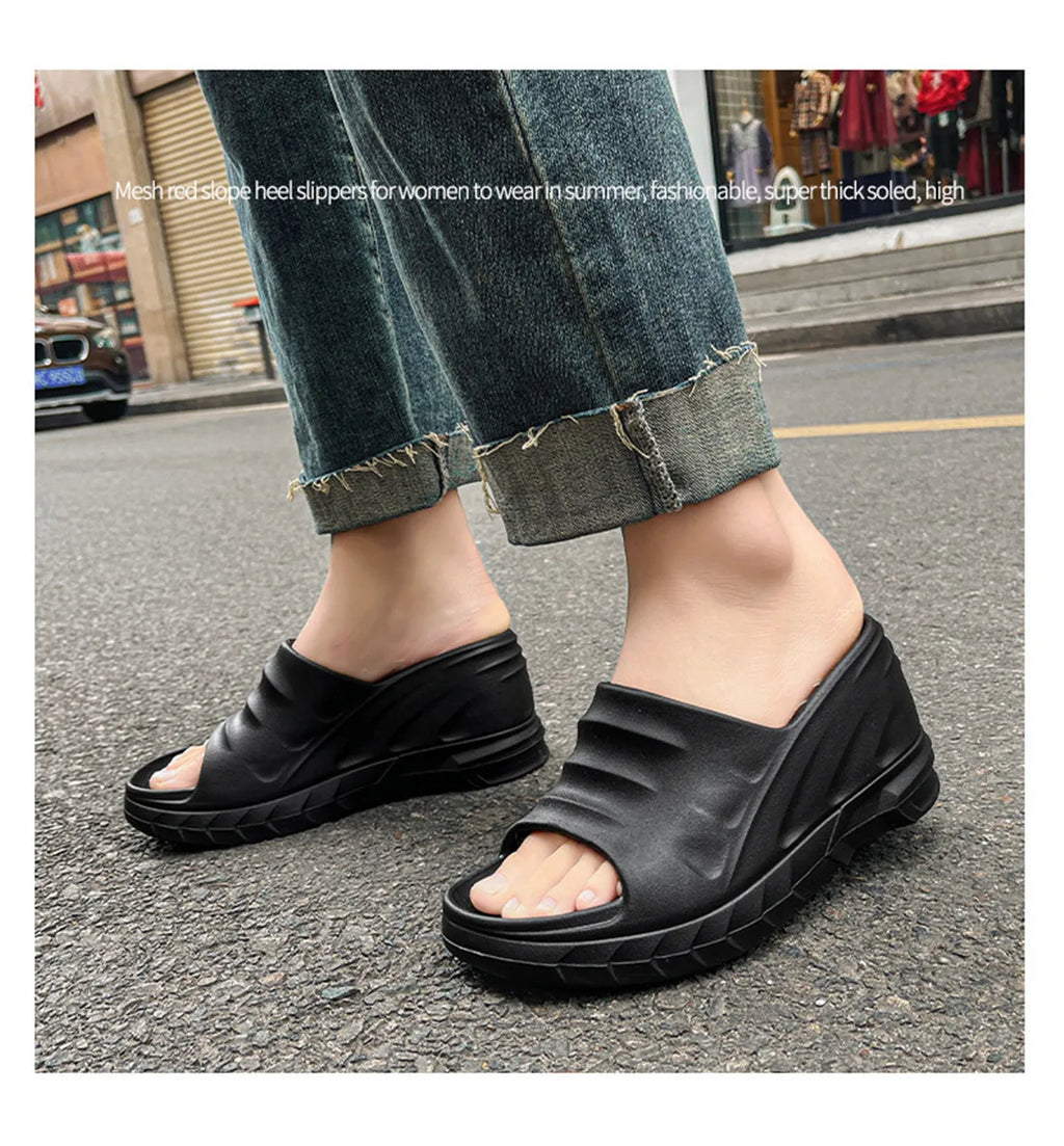 Women Fashion Summer 8 cm Chunky Sole Wedges Heels Flip Flops Casual