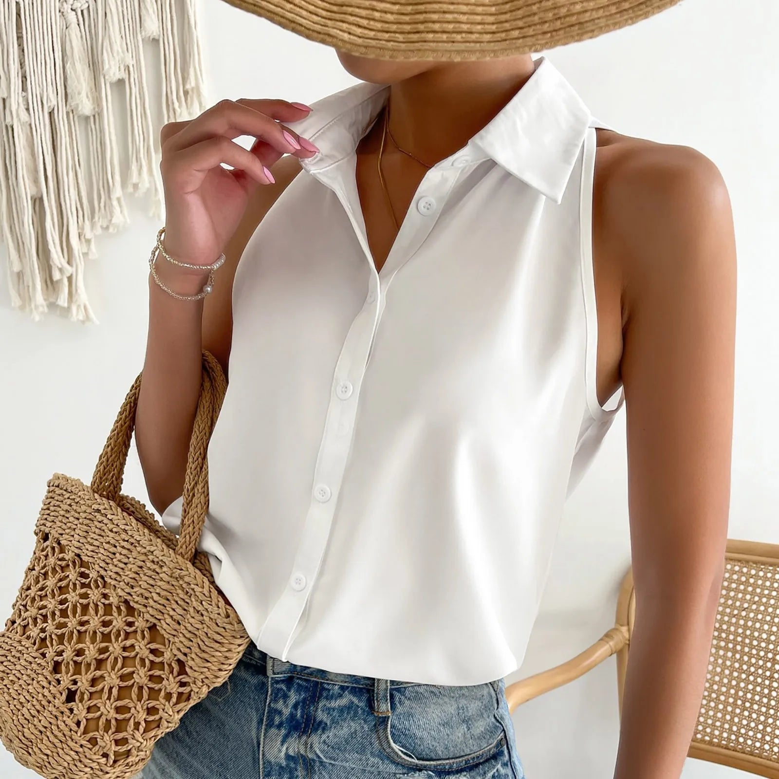 Sleeveless V-Neck Blouse - Button-Down Chiffon Tank Top