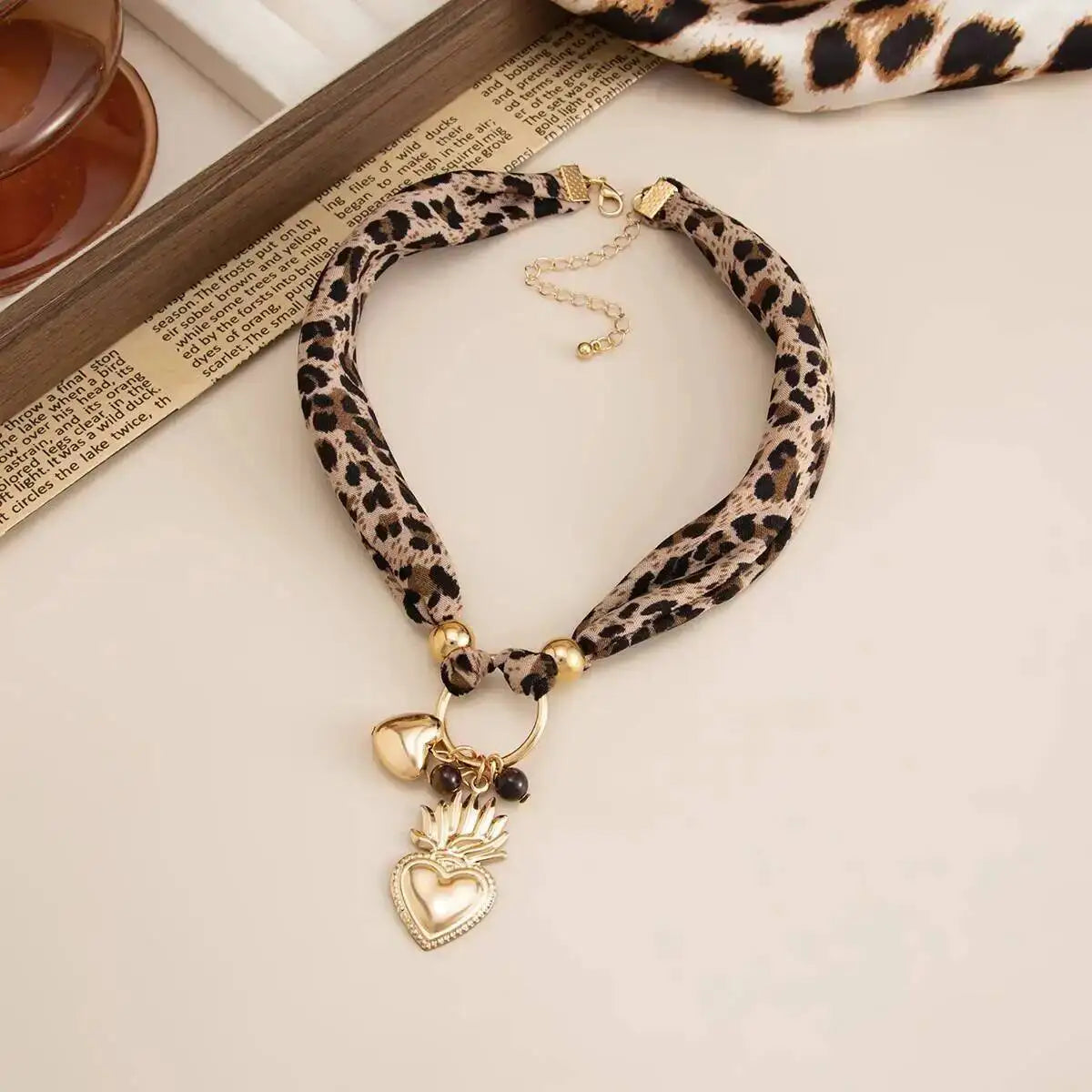 Leopard Print Choker Necklace - Heart Pendant
