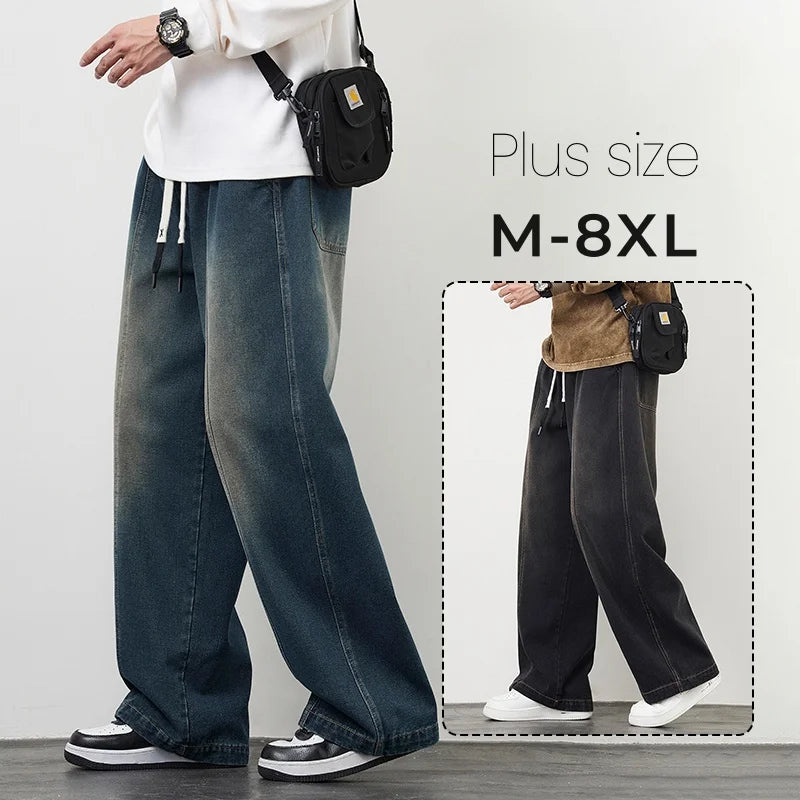 Plus Size M-8XL Baggy Jeans Men's Blue Black Streetwear Elastic Waist