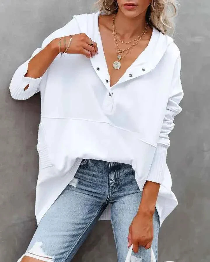 White Hooded Women's Sweatshirt - Casual Batwing Sleeve Pullover